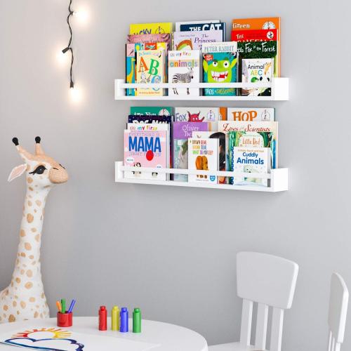 Wallniture Utah 32 White Nursery Bookshelves Wall Mounted, Wood Floating Book Shelves for Kids Room Set of 2