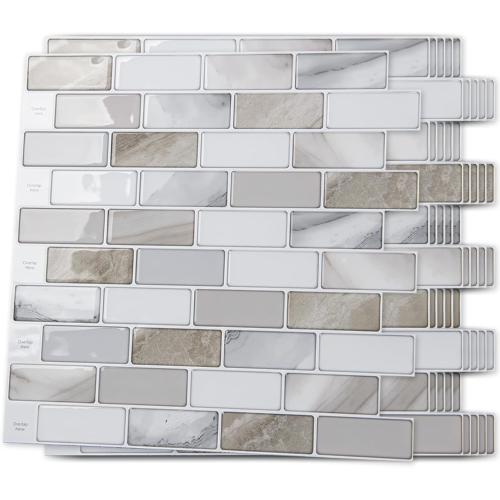 Art3d 10-Sheet Peel and Stick Backsplash Tile for Kitchen - 12”×12” Stick on Wall Tile for Kitchen Bathroom Countertop Living Room, Beige & White