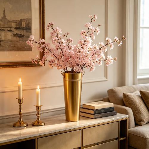 Hosley Set of 2 Gold Metal French Bucket with Handles & PVC Liner, 6 Dia x 15 H for Weddings, Parties, Country Picnics, Floral Arrangements, Tableware Storage, or Gardens - Rustic Farmhouse Décor