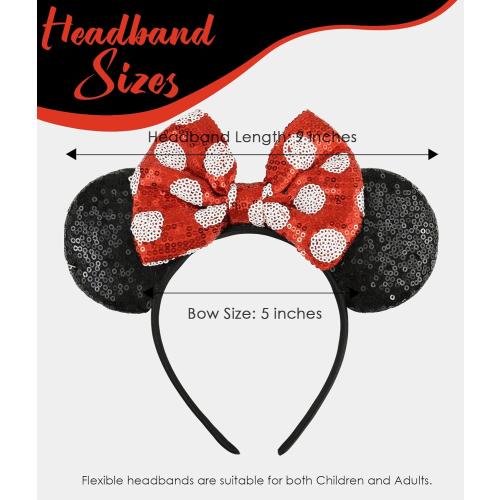 Mouse Ears Headband with Sequin Bows, Headbands for Kids Halloween Costume, Headwear Hair Accessories for Women Girls - Red and Black Headband-B