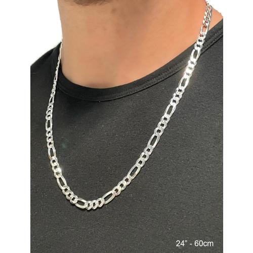 Aka Gioielli - Italian 925 Sterling Silver 7mm Diamond-Cut Figaro Link Chain - Solid Sterling Silver Necklace for Men and Women - Made in Italy
