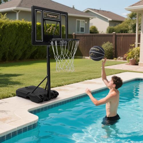 Color Black Pool Basketball Hoop Poolside Height Adjustable Portable Basketball Hoop for Pool with Shatterproof Backboard and Weather-Resistant Steel Screws/Brackets, Includes Ball and Air Pump