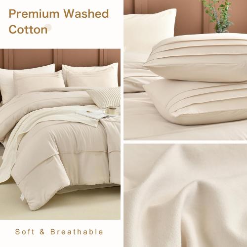 CozyTide Queen Comforter Set(90x95),Cotton Pinch Pleated Bedding Set,3 Pieces Soft Lightweight Farmhouse Bedding Comforter Set（1 Wheat Comforter and 2 Pillowcases）