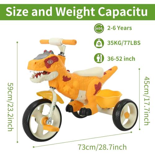 Dinosaur Kids Tricycle for Rider- Toddlers Kid Trike Bike Big Wheel with Music, Storage Basket,Indoor/Outdoor Preschool Daycare Kids Bike,Best Gift for 3-7 Year Old Girls & Boys (Orange)