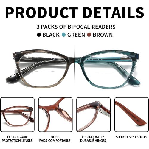 Bifocal Reading Glasses Women Cat Eye Blue Light Blocking Computer Reader Clear Top No Line Transition Ladies Eyewear