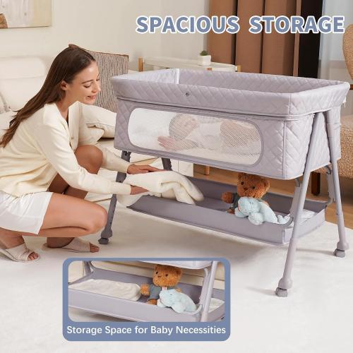 Bassinet Bedside Sleeper, Adjustable Height Baby Bassinet with Wheels, Easy Assemble & Folding Crib with Comfy Mattress, Breathable Mesh Bedside Bassinet for Infant Newborn (Grey)