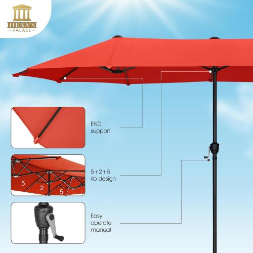 HERA'S PALACE 13 ft Large Patio Umbrella, Double-Sided Twin, Outdoor Market Umbrella with Crank Handle, Powerful UV Protective, Orange Red