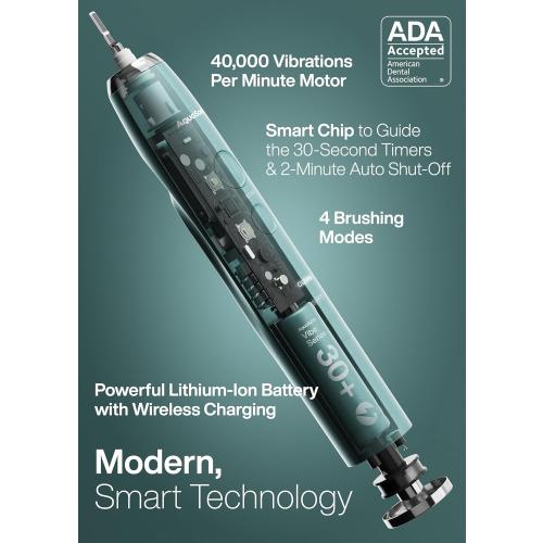 Mint, Aquasonic Vibe Series Ultra-Whitening Toothbrush – ADA Accepted Power Toothbrush - 8 Brush Heads & Travel Case – 40,000 VPM Motor & Wireless Charging - 4 Modes w Smart Timer – Mint Green Metallic