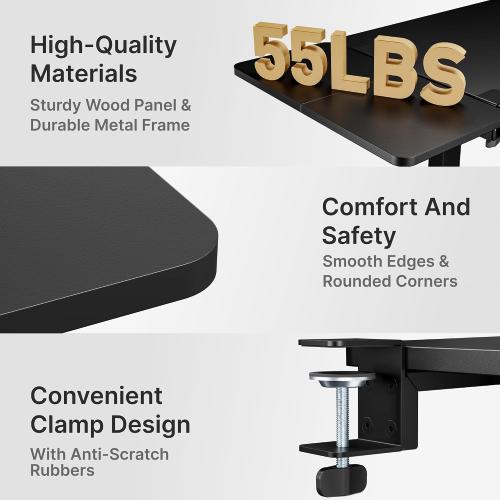 PEGZONE Desk Extender Tray, 28 x 12 Clamp On Desk Shelf, Desk Extension with Laptop Holder, Table Desk Arm Rest, Clamp On Keyboard Tray for Office and Home, Workstation Organizer, Large, Black