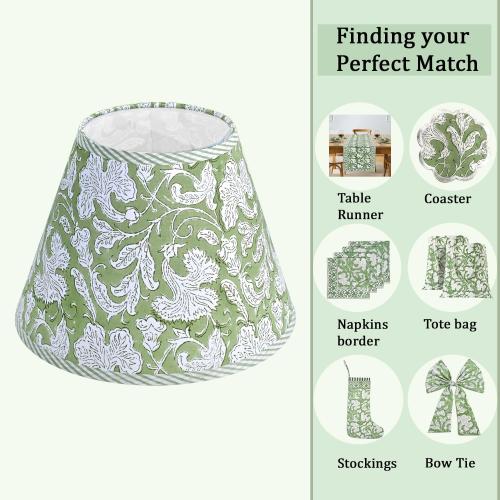 Ridhi Sage Green Hand Block Print Lampshade UNO Fitter (1.57” Inner Ring -33mm) 7” Top x 13” Bottom x 10” Height Cotton Fabric Table Lamp Shade for Bedside, Buffet Gift For Mother's Day