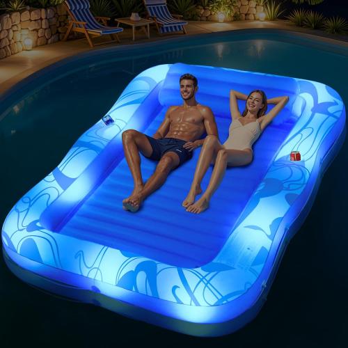 Inflatable Tanning Pool Lounger with Lights,81x 60 Large Tanning Floats for Adults, Swirls Pool Lounger Float,Blow Up Tanning Water Bed with Cup&Phone Holder,Adults Tanning Pools for Backyard