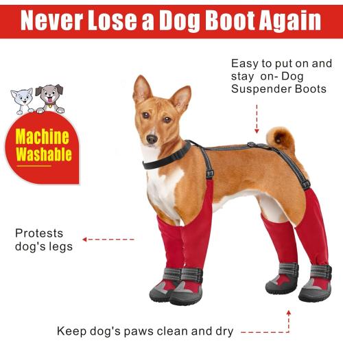 Idepet Dog Suspender Boots, Tall Dog Boots Anti-Slip & Fall Waterproof Shoes Leggings, Adjustable Suspender Boots for Winter Snow Rain Hiking Paws Protector (Red, 7)