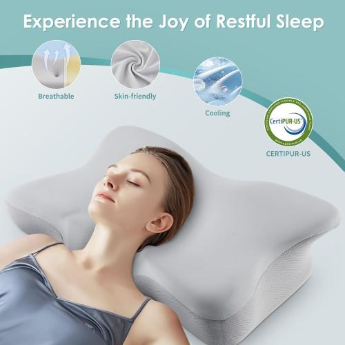 BESYODO Cervical Neck Pillow, Ergonomic Memory Foam Cervical Pillows, Contour Side Sleeper Pillows for Adults, Orthopedic Neck Support Pillow for Back Stomach Sleeper with Removable Pillowcase (Light Grey)