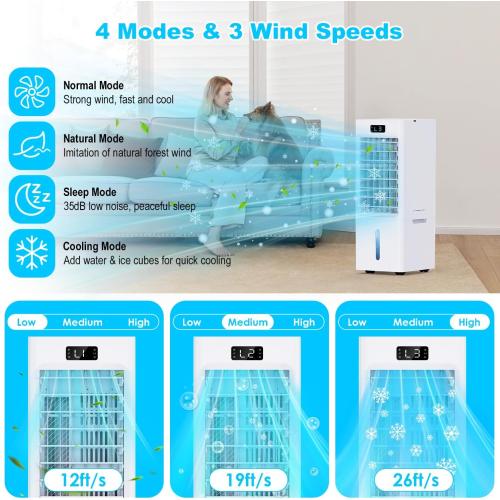 Evaporative Air Cooler, 6L Windowless Portable Air Conditioners, 4-IN-1 Swamp Cooler with 4 Ice Packs, 4 Modes & 3 Speeds, Auto Oscillating, 12H Timer, 17FT Remote, Cooling Fan for Office, Home