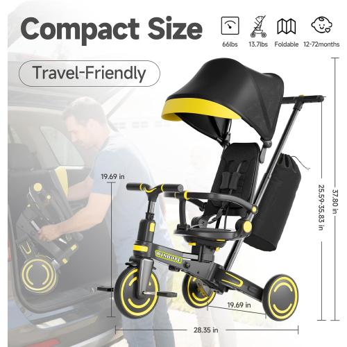 WinHope 9-in-1 Push Tricycle for Toddlers 1-3 Years, Convertible Kids Trike with Push Handle & Safety Belt, One-Client Foldable Design   Storage Basket, Birthday Gift and Toy for Boys and Girls(Black)