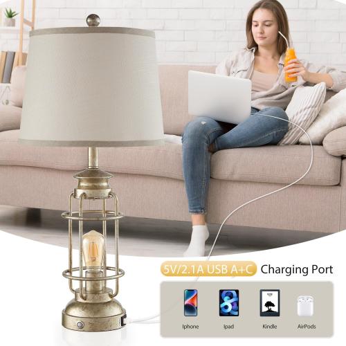 28.5 Retro Industrial Table Lamp for Living Room Bedroom Set of 2 Dimmable Touch Control Bedside Farmhouse Lamps with USB A C Charging Ports and 2 Light Sources