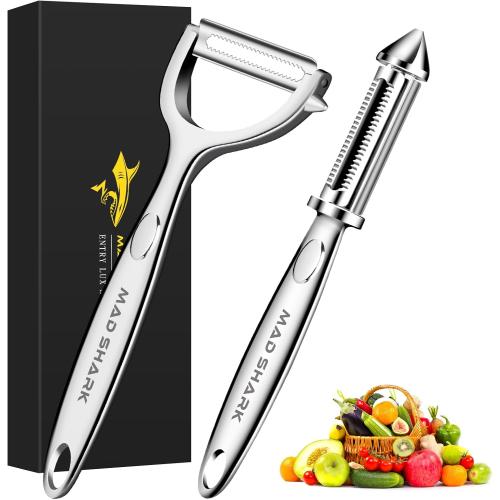 MAD SHARK Ultra Sharp Vegetable Peelers for Kitchen Fruit Apple Potato Peelers,Design with Ergonomic Non-Slip Handle, Y I Shaped Stainless Steel Serrated(2pc）
