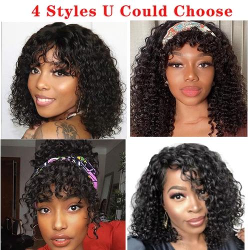 Curly Wig Human Hair For Black Women Shaggy Curly Bob Wig with Bangs 12'' 200% Density Wigs Human Hair Glueless Wear and Go Short Colored Kinky Curly Wigs Ombre Brown Afro Curly Wigs (12, 1B/30)