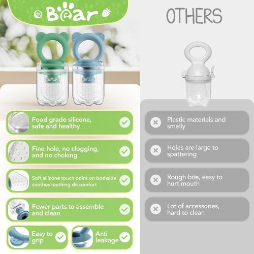Bear Baby Fruit Food Feeder & Mini Freezer Nibble Tray Combo, 2 Pack Breastmilk Popsicle Molds for Baby Teething Relief, BPA Free Silicone Feeder for Safe Infant Self Feeding, Dishwasher Safe