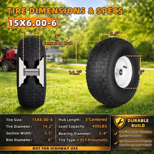 (2-Pack) 15x6.00-6nhs Lawn Mower Tires and Wheel for Riding Lawn Mower Front Tires,15x6-6 Front Tire Assembly Replacement,3/4 Bearing, 3 Centered Hub, 4 Ply Pneumatic