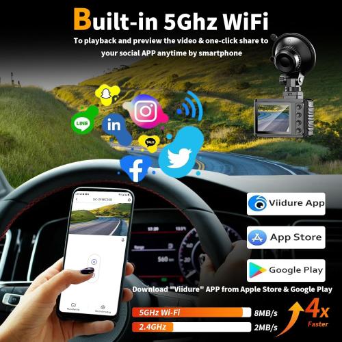 Dash Cam Front and Rear: 4K Dual Channel Dash Cam - 5GHz WiFi, Dash Camera for Cars with 64GB Card, 2.0 IPS Screen, App Control, G-Sensor, Loop Recording, 170° Wide Angle, Night Vision, Parking Mode