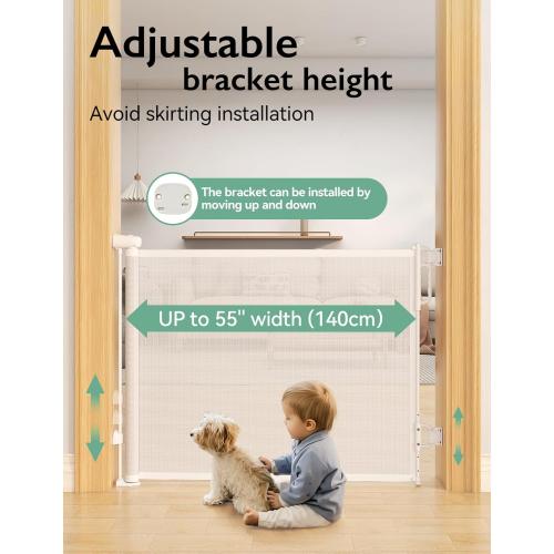 Momcozy Auto-Locking Retractable Mesh Baby Gate or Dog Gate, Child Safety Gate for Indoor or Outdoor, 33-inches Tall with up to 55-inches Wide Extension, Avoid Skirting Installation, White