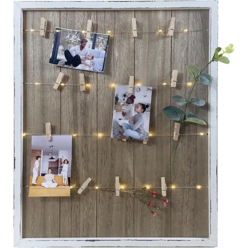 Size 15.75 x 19.25 Color White Clip Picture Frame with LED Fairy Lights, Solid Wood Frame with Wooden Clothespins to Hang Photos, Cute Accents, and Mementos, Vintage Home Decor, 15.75” x 19.25”(White)