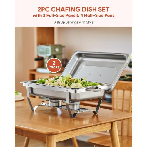 WILPREP Chafing Dish Buffet Set, 2 Pack 8 qt Chafers for Catering with 2 Full & 4 Half Size Pans Lids Foldable Frames Fuel Holders, Stainless Steel Food Warmers for Parties Buffets Banquets Dinners