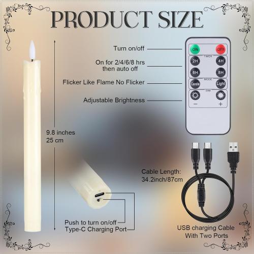 Retisee 4 Sets Rechargeable Flameless Taper Candles with Remote and Timer 9.8 Battery Operated Flickering Pillar Candles LED Dripless Wax Candlesticks for Christmas Home Window Fireplace