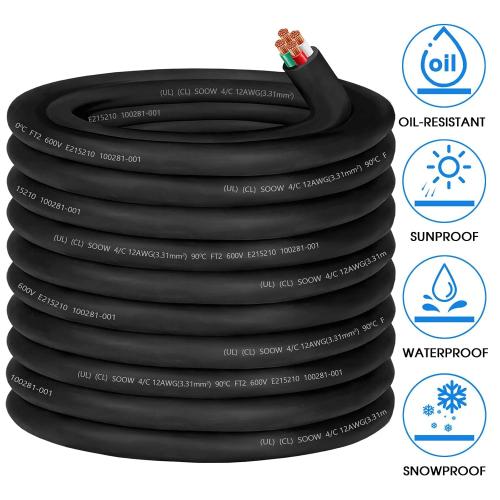 12/4 12 Gauge SOOW Wire 12 AWG SOOW Portable Power Cable 600V 4 Conductor 12/4 12 Gauge Extension Cord Electric Wire for Motor Lead,Generator,Welder,NEMA 14-20 RV Outlet Box,Car Battery Charger