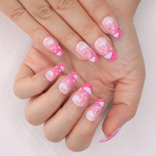 morily 24pcs Press on Nails Medium Length Almond Fake Nails Kit Long Ombre Pink Acrylic False Nails with White Cloud Design Crystal Artificial Glossy Stick on Nails Finger Manicure for Women