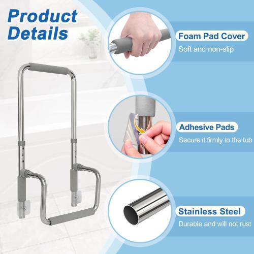 Bath Tub Handles for Seniors Shower Rails Elderly Adults Safety, Bathtub Clamp Grab Bars Helper No Drill, Handicap Bathroom Tub Support Bar Assist Devices, Help Getting Out of Bathtub