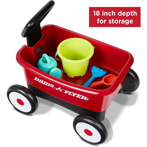 Radio Flyer Push & Pull Walker Wagon with Garden Tools, Red, for Kids 1-4 Years Old, Locking Handle for Stability, Baby Push Walker Converts to Pull Wagon, for Indoor & Outdoor Play
