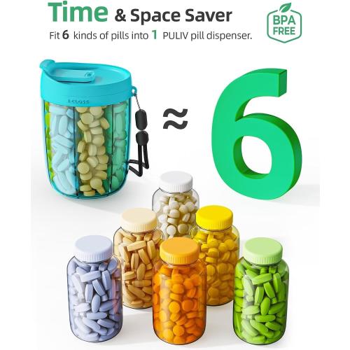 PULIV Large Pill Bottle Organizer, Supplement Organizer for Holding 6 Various Vitamins, Pill Box Case with Anti-Mixing & Wide Opening Design, Easy to Retrieve Meds and 20 Pcs Stick-on Labels, Blue