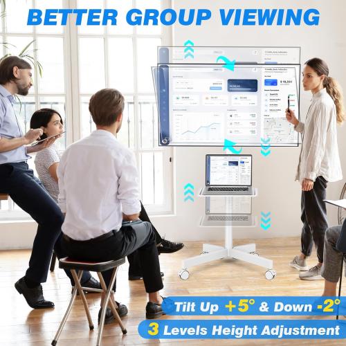 Rfiver Mobile TV Stand for 23-60 Inch LCD LED Flat/Curved Panel Screen TVs up to 88 lbs, Rolling TV Stand with Adjustable Shelf & Tilt, Portable Floor Stand on Wheels for Bedroom, Living Room, White