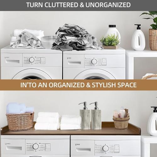 Washer Dryer Countertop, Wood Washer and Dryer Countertop 27.5 x 54 Laundry Room Organization with Metal Hooks & Non-Slip Pads Wood Shelf Topper for Storage Space Saver