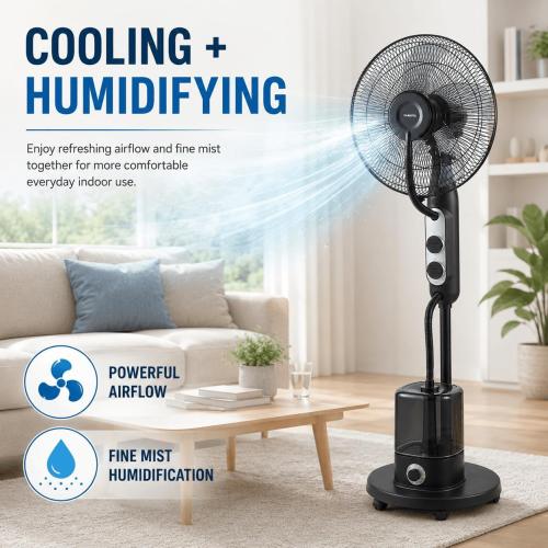 16 Misting Pedestal Fan with 4L Humidifier | 70° oscillating fan with 3 speeds, AC copper motor, anti-dry burn protection, and wheels for home, office, or bedroom use.