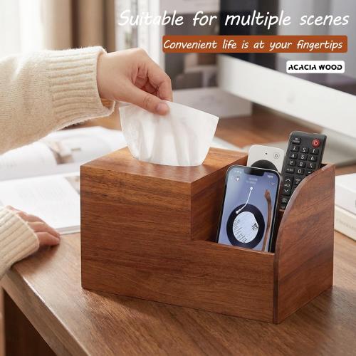 BIBELUN Square Tissue Box Cover,Multi-Functional Wood Tissue Box Holder with Storage Grid,Tissue and Remote Control Holder,Decorative Facial Tissue Cube Box Organizer for Desk,Nightstand,Bathroom