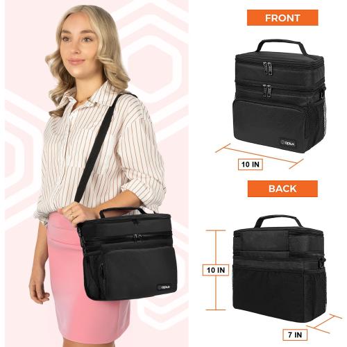 opux Insulated 2 Deck Lunch Bag for Men Women, Large Dual Compartment Cooler Bag for Work School Picnic, Leakproof with Strap for Kid Adult (Black)