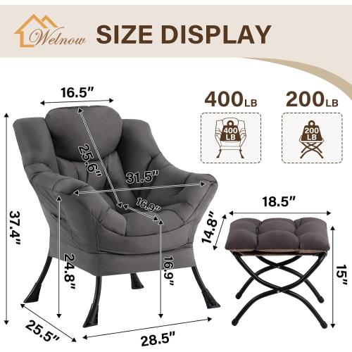 Welnow Lazy Chair with Ottoman, Reading Chair with Footrest,Dark Grey | A Side Pocket,Armrests,Foldable Footrest,Thick Cushioned Seat & Backrest, Lounge Chair for Bedroom,Living Room & Small Space