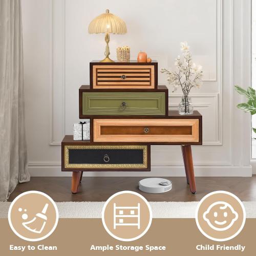 Ahokua Vintage Accent Chest with 4 Drawers, Asymmetrical Stacked Design, Multicolored Hand-Carved Decorative Rustic Cabinet for Living Room, Entryway