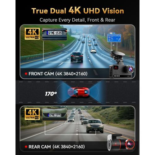 4K 4K Dash Cam Front and Rear, Free 128GB Card Included, 5.8GHz WiFi Dash Camera for Cars, Built-in GPS, G-Sensor, 170°Wide Angle, 3 IPS Screen, 24H Parking Mode, Support 512GB Max