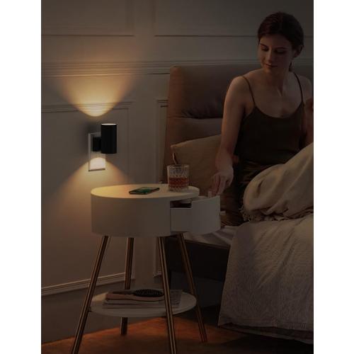 Black 2 Pack L LOHAS LED Night Light Plug in, Modern Night Lights Plug into Wall, Dusk to Dawn Sensor, Soft White 3000K, 0-100LM Adjustable Brightness, Dimmable Night Lights for Hallway Bedroom Stairway, 2 Pack