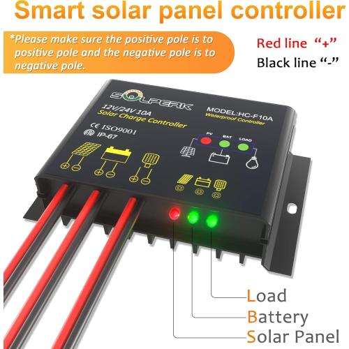 SOLPERK 10A Solar Charge Controller Waterproof Solar Panel Controller 12V/24V PWM Solar Panel Battery Intelligent Regulator for RV Boat car ，with LED Display