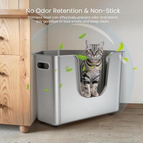 Stainless Steel Corner Cat Litter Box, Metal Litter Box with High Sided, One-piece Corner Cat Toilet, No Assembly Required, Non-Stick, No Odor Kitten Litter Pan, Easy to Clean, for Small Medium Cats