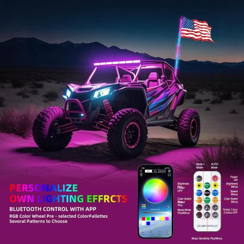 3FT-1PC LED Whip Lights for RGB Dancing/Chase,Whip Lights Support APP/Remote Control,600  Color Mode Combinations,LED Whip Suitable for ATV,RZR, Dune Buggy,Polaris,Can-am,Jeep
