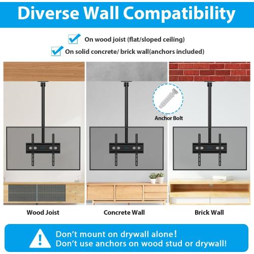 USX STAR Ceiling TV Mount for 26-65 inch Flat Screen Displays, Adjustable Ceiling TV Bracket Fits Most LCD LED OLED TVs, 14.96Inch Single Extended Mounting Pole, Holds up to 110lbs, Max VESA 400x400mm