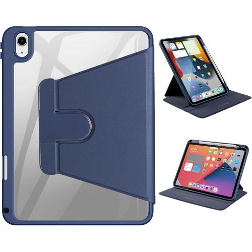 Rotating Case for 10th Gen iPad, Clear with Pencil Holder, 360 Folio Stand, Soft TPU, Sleep/Wake, Dark Blue