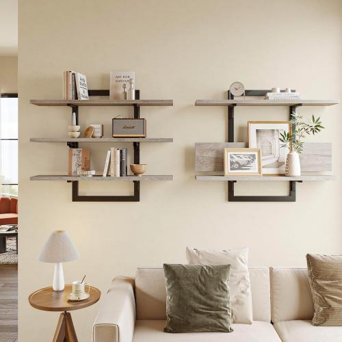 Bestier Floating Shelves for Wall, 32 inch Kitchen Shelves Wall Mounted, 3 Tier Coffee Bar Shelf with Foldable Brackets, Industrial Display Shelf for Bathroom, Living Room, Retro Grey