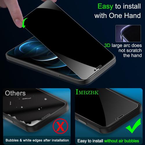 IMBZBK 3 Pack Privacy Screen Protector for iPhone 12 Pro Max Tempered Glass with 3 Pack Camera Lens Protector, Accessories 9H Anti Spy for Apple 12 Pro Max, 2.5D Curved, Case Friendly, Transparent
